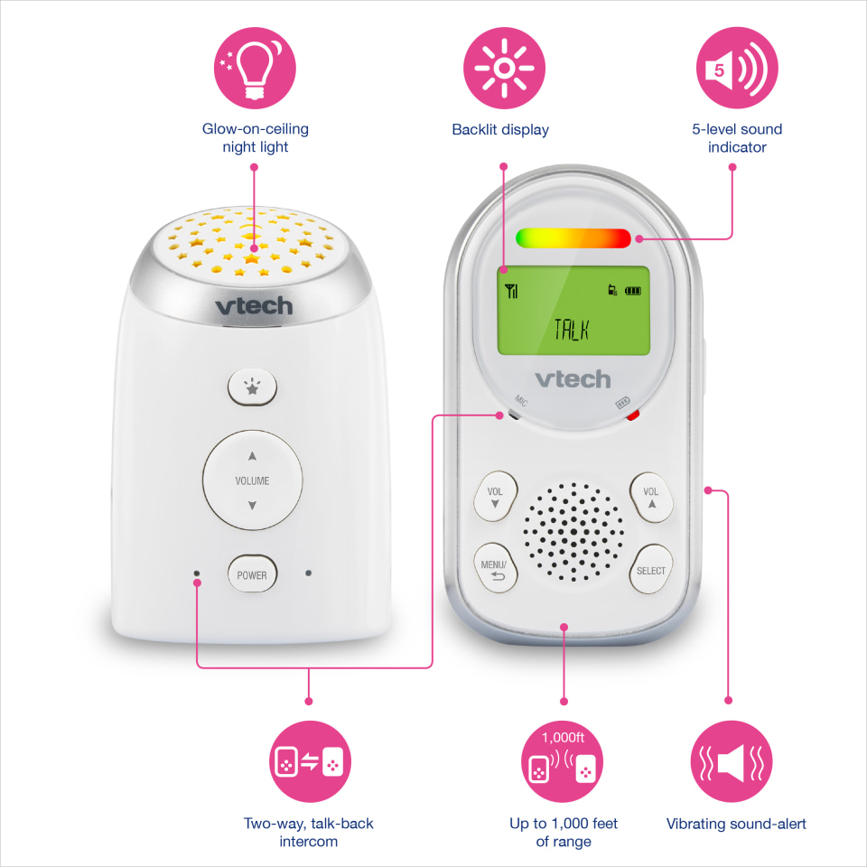 Vtech Tm12 Audio Baby Monitor With Up To 1 000 Ft Of Range Vibrating Sound Alert Talk Backintercom Night Light Projector White Meijer