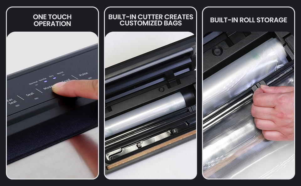 Three images show features: One-touch operation, custom bag cutter, and built-in bag roll storage