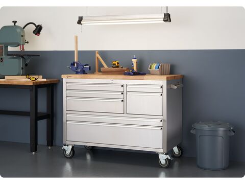 small size workbench in a garage