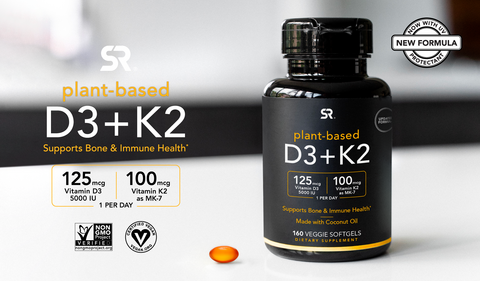 SR Plant-Based D3+K2, Supports Bone &amp; Immune Health, 125 mcg D3 (5000 IU) and 100 mcg K2 (as MK-7)