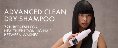 Woman with straight  dark and healthy-looking hair next to text highlighting product benefits.