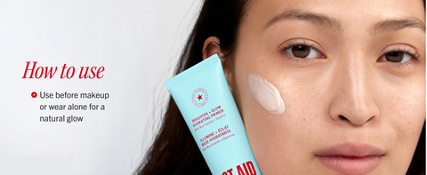 Recommended usage instructions for Primer, model holding product next to her face