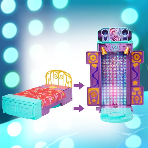 Karma’s World Toy Playset with Doll and Accessories, Musical Star Stage  (~14-in) with Lights & Sounds, Transforms from Bed to Stage