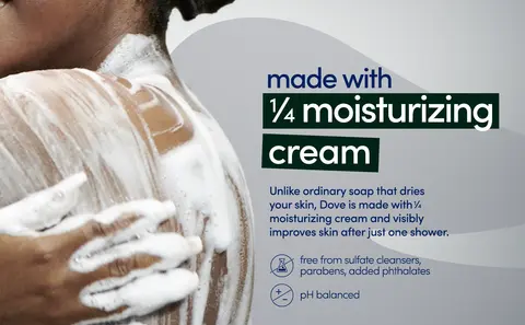 The title reads: made with 1/4 moisturizing cream. To the left is a close-up image of a dark-skinned woman scrubbing thick lather on the back of her left shoulder over a gray gradient background.
