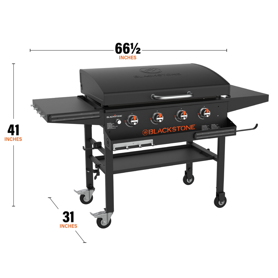 Overall griddle dimensions: 66.5 inch width, 31 inch depth, and 41 inch height.