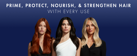 Image of 3 women with healthy-looking &amp; diverse hairstyles under text about benefits with every use.