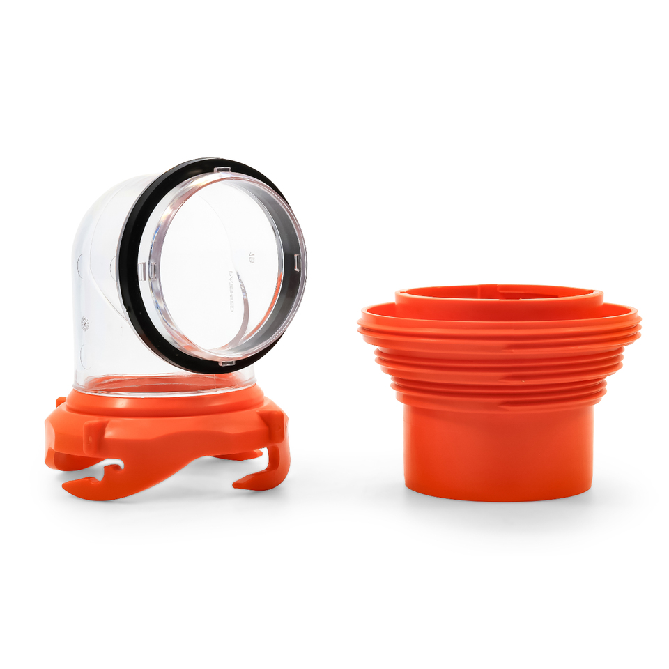 thumbnail video image 2 of Camco Rhino Clear RV Sewer Hose Elbow with 4-in-1 Adapter - Orange (39736), 2 of 11