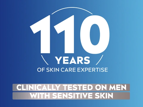 Left: 110 Years of Skin Care Expertise badge with white text on blue background and text Clinically Tested on Men with Sensitive Skin. Right: Dermatologist in white coat examining man's face with magnified skin analysis displayed on computer monitors