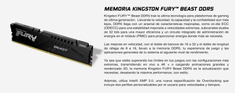 Kingston FURY Beast - DDR5 - kit - 32 GB: 2 x 16 GB - DIMM de 288 espigas - 5200 MHz / PC5-41600 - CL40 - 1.25 V - sin búfer - on-die ECC - negro - en Elite Center