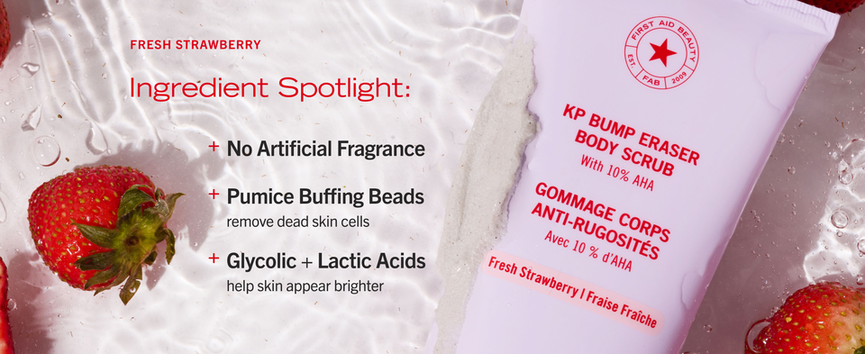 Ingredient spotlight for pumice scrub with strawberry in water nearby