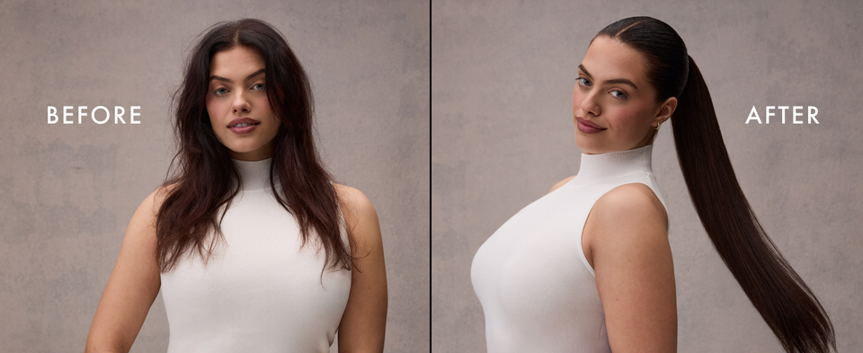 Two images of the same woman, first with her hair frizzy, and then moisturized and tied-up.