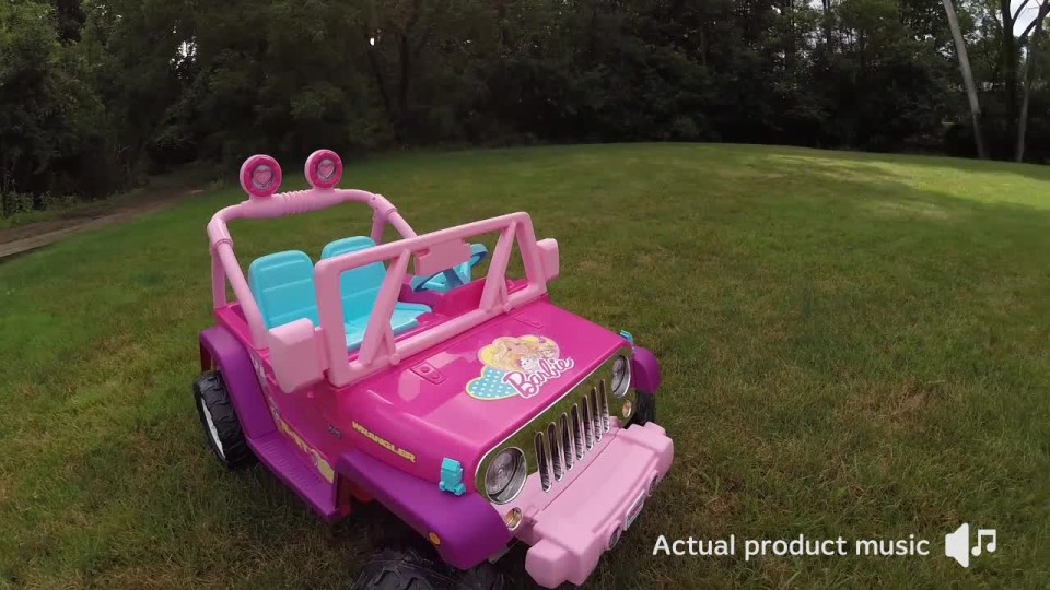 thumbnail video image 2 of Power Wheels Barbie Jammin Jeep Wrangler, Dark Pink, 2 of 9