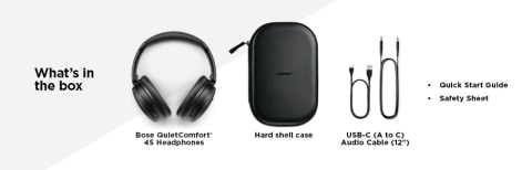 480 Bose Https://Www.youtube.com/Watch?V=Y0G0Qxawlj0 &Lt;Ul&Gt; &Lt;Li&Gt;Active Noise Cancellation&Lt;/Li&Gt; &Lt;Li&Gt;Hear Your Surroundings With Aware Mode&Lt;/Li&Gt; &Lt;Li&Gt;Quad Microphone System With Beamforming&Lt;/Li&Gt; &Lt;Li&Gt;Up To 24 Hours Of Battery Life&Lt;/Li&Gt; &Lt;Li&Gt;15-Minute Quick Charge For 3 Hours&Lt;/Li&Gt; &Lt;Li&Gt;Multi-Point For Pairing To 2 Devices&Lt;/Li&Gt; &Lt;Li&Gt;Use Wired With Included Aux Cable&Lt;/Li&Gt; &Lt;Li&Gt;Triport Headphone Structure&Lt;/Li&Gt; &Lt;Li&Gt;Volume-Optimized Active &Amp; Custom Eq&Lt;/Li&Gt; &Lt;Li&Gt;Built-In Circuitry For A Low Noise Floor&Lt;/Li&Gt; &Lt;/Ul&Gt; Bose Bose Quietcomfort 45 Wireless Noise Cancelling Over-The-Ear Headphones - Black