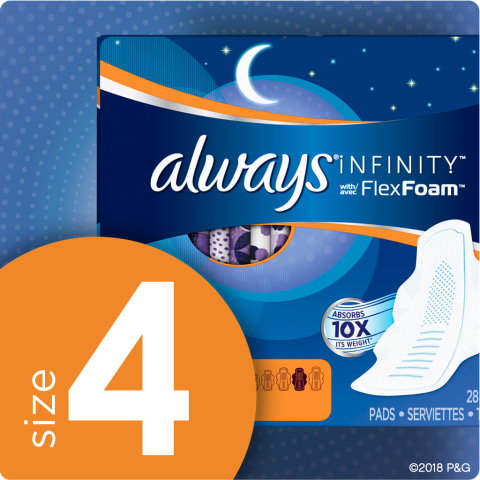 Always Infinity 13-Count Unscented Menstrual Pad with Wings - Size 4  Overnight - 6/Case