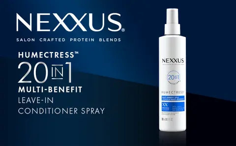 Image of Nexxus bottle against blue-colored background with the headline that reads: HUMECTRESS™ 2-in-1 MULTI-BENEFIT LEAVE-IN CONDITIONER SPRAY