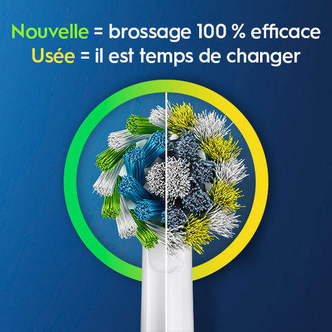 Vue c&#244;te &#224; c&#244;te&#160;: brossette neuve par rapport &#224; une usag&#233;e et couleur indiquant de la remplacer.