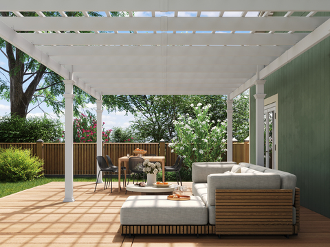 A seating area on a wooden deck underneath a white pergola