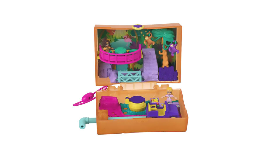 thumbnail video image 2 of Polly Pocket Jungle Safari Compact, 2 Micro Dolls & Accessories, 2 of 8