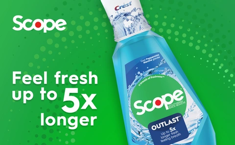 Scope Outlast Cool Peppermint Rinse makes up to 5x longer fresh feeling breath and the bottle is displayed on the right side.