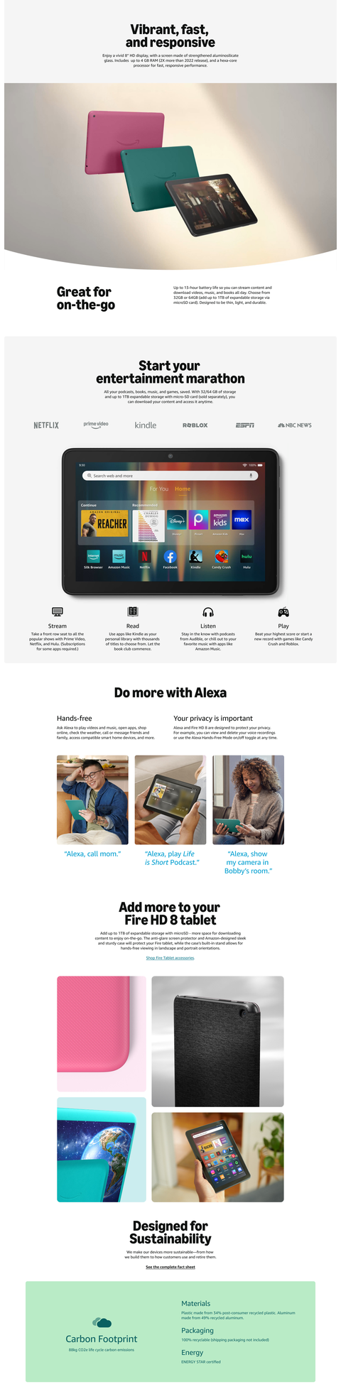 Amazon Fire HD 8 tablet, 8” HD Display, 3GB memory, 32GB, designed
