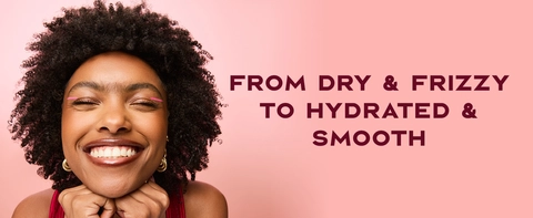 Image of a young woman with curly afro hair next to text about hydrated &amp; smooth results.