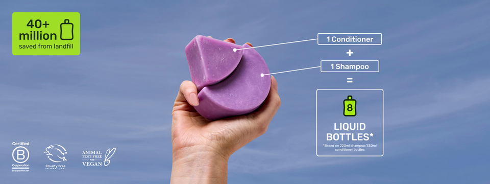 An Ethique Beauty Solid Shampoo and Solid Conditioner pair is equal to 8 liquid bottles.