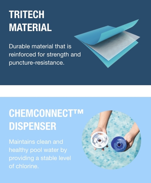 Tritech is durable material that is reinforced for strength and puncture-resistance and ChemConnect dispensers maintain clean, healthy pool water by providing a stable level of chlorine that&#39;s evenly dispersed throughout the pool.