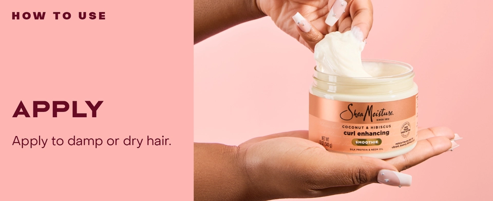 Image of a hand taking product from a Curl Enhancing Smoothie pot, next to applying instructions.