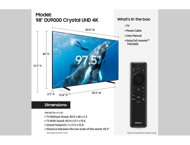 SAMSUNG 98 Inch 4K UHD Crystal HDR Smart TV - UN98DU9000FXZA (2024