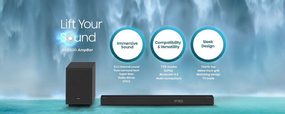 thumbnail video image 2 of Hisense 3.1.2 Ch 360W Soundbar with Wireless Subwoofer* and Dolby Atmos (AX3120G), 2 of 16