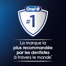 Icône Oral-B n° 1, fond bleu avec texte sur utilisation d’Oral-B par les dentistes du monde entier.