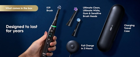 What comes in the box: iO9 Brush, Ultimate clean, Ultimate White, Gum &amp; Sensitive brush heads, full charge in 3 hours, and a charging travel case
