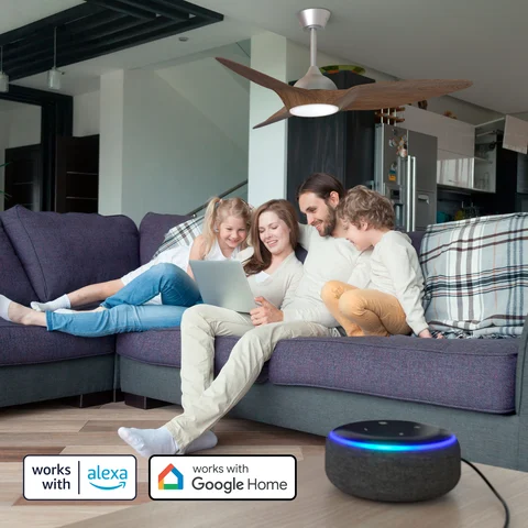 Family in a living room using the smart fan