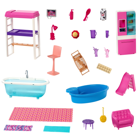 Barbie Dollhouse Playhouse Set Includes 3 Dolls Bedroom Living Room Furniture Slide Pool Accessories Ages 4 Walmart