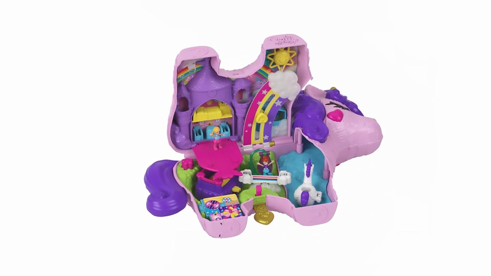 Polly Pocket Unicorn Party 2-in-1 Toy, Large Compact, 2 Dolls & 25 