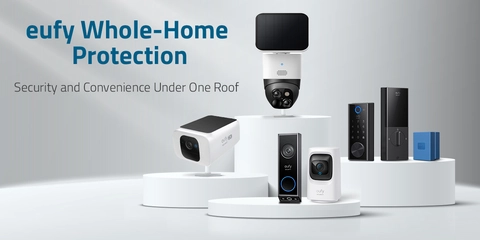 Family image of eufy outdoor solar cameras, video lock, video doorbell, and indoor camera for whole-home protection.