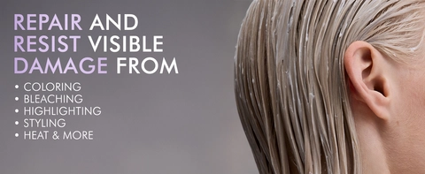 Wet hair with Keraphix Conditioner, text: Repair &amp; resist damage: coloring, bleaching, styling, heat