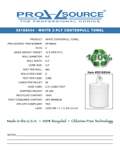 PRO-SOURCE - Paper Towels: Center Pull Roll, 6 Rolls, 2 Ply, White -  55188544 - MSC Industrial Supply