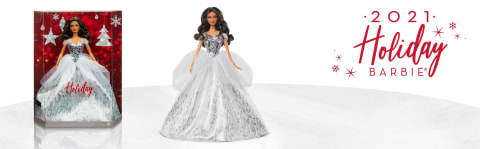 Barbie Signature 2021 Holiday Doll (12-inch, Brunette Hair) in Silver Gown,  with Doll Stand and Certificate of Authenticity, Gift for 6 Year Olds and