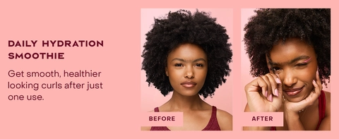 Two images of the same woman comparing her hair before and after applying our hydration smoothie.