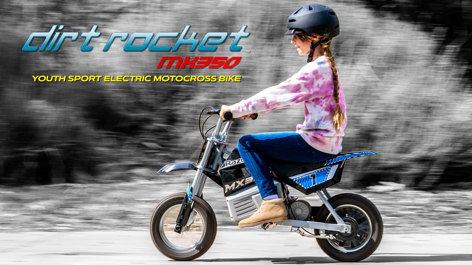 thumbnail video image 2 of Razor Dirt Rocket MX350 - Blue, up to 14 mph, 24V Electric-Powered Dirt Bike for Child 8+, 2 of 11