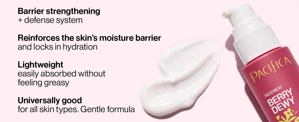 Close‑up of lightweight Berry Dewy Barrier Support Serum drop with text “hydration forward” for deep, non‑greasy skin moisture.