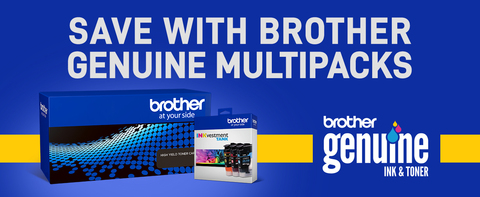 Ink and toner packages on blue background, with Brother Genuine Ink &amp; Toner logo and text reading &quot;Save with Brother Genuine Multipacks&quot;