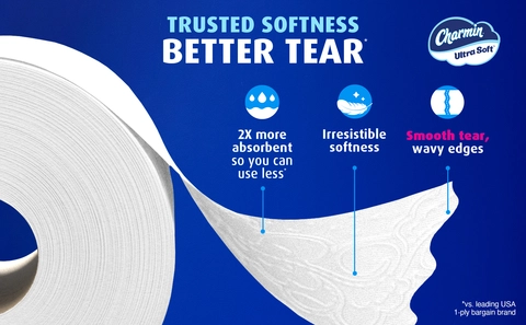 Close up of Charmin Ultra Soft toilet paper. Text reads: Trusted Softness Better Tear.