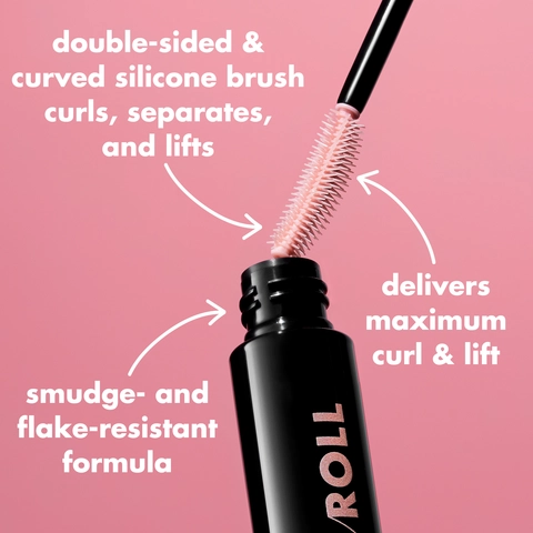 An image explaining the key features of Lash 'n Roll Mascara