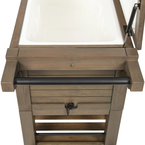 Attached towel bar on side of wood cooler 