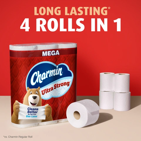 Image of the Charmin Ultra Strong Mega Roll package next to four toilet paper rolls. "Long Lasting 4 Rolls in 1".
