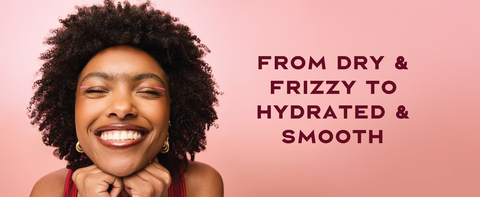 Image of a young woman with curly afro hair next to text about hydrated &amp; smooth results.