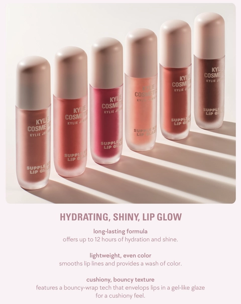 Visual Features: Full lineup of supple lip glaze.     Caption Reads:   HYDRATING, SHINY, LIP GLOW   long-lasting formula   offers up to 12 hours of hydration and shine.   lightweight, even color   smooths lip lines and provides a wash of color.   cushiony, bouncy texture   features a bouncy-wrap tech that envelops lips in a gel-like glaze for a cushiony feel. lightweight, even color   smooths lip lines and provides a wash of color.   cushiony, bouncy texture   features a bouncy-wrap tech that envelops lips in a gel-like glaze for a cushiony feel.