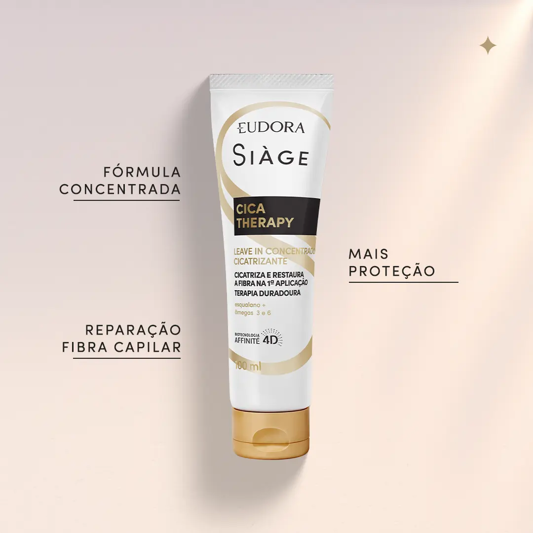 Card com o produto Leave-In Concentrado Siàge Cica-Therapy centralizado, com os benefícios ao redor: Fórmula concentrada; Reparação da fibra capilar; Mais proteção.